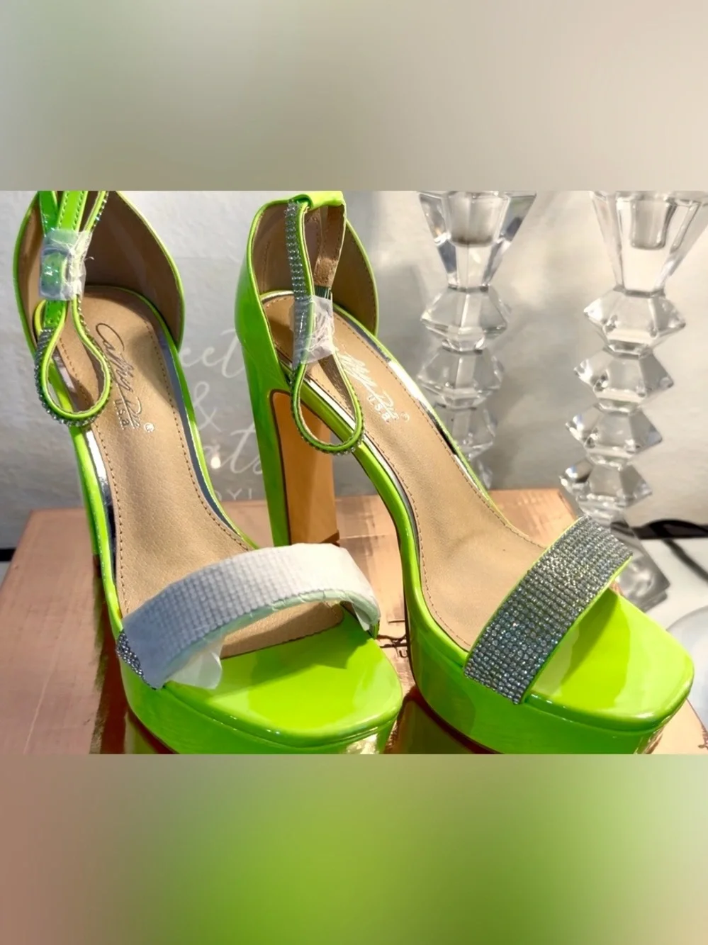 Neon Green Rhinestone Platform Heels with Ankle Strap Size 8 (4.75” heel)